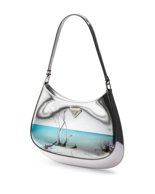 Prada Metallic Cleo Schultertasche Aus Gebürstetem Leder Mit Print