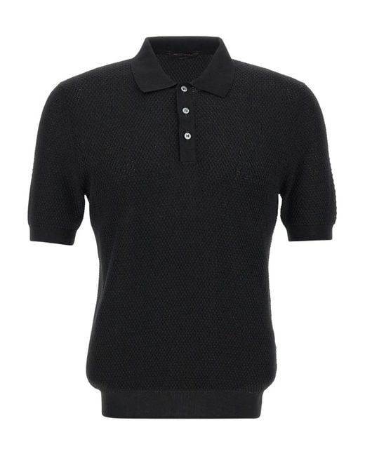 Gran Sasso Black Textured-Knit Short-Sleeve Polo Shirt for men