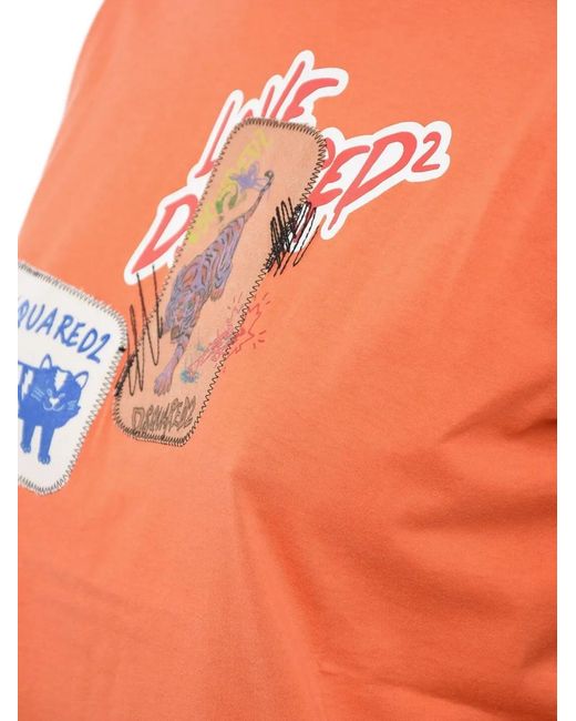 DSquared² Orange Logo-Print Patch-Detail T-Shirt