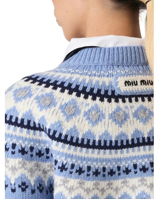 Miu Miu Blue Fair-Isle Patterned Wool Sweater