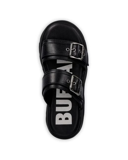 Buffalo Black Brake Two Strap Buckle-Fastening Platform Sandals