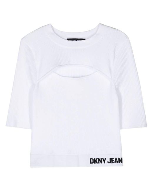 DKNY White Geripptes Strickoberteil mit Cut-Out