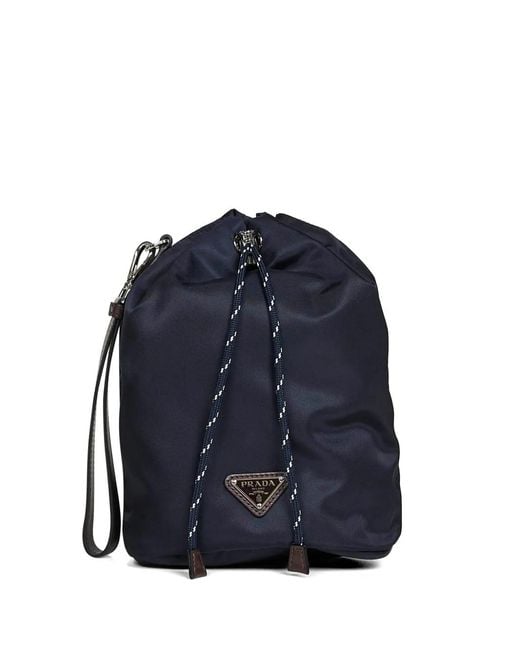 Prada Blue Drawstring Logo Clutch Bag for men