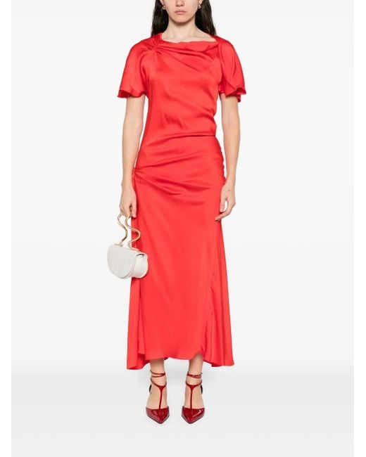 Victoria Beckham Red Draped-Shoulder Midi Dress