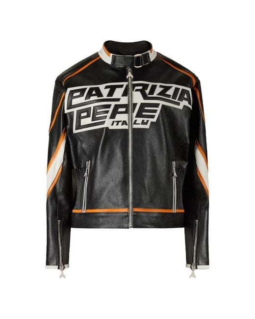 Patrizia Pepe Black Racing Logo-Print Leather Biker Jacket