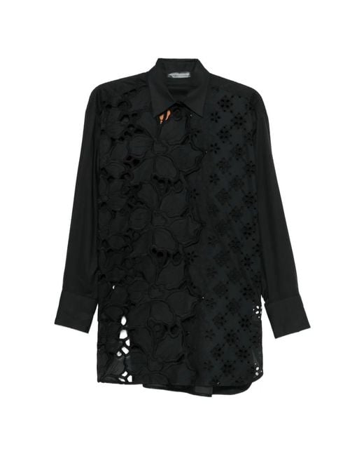 Ermanno Scervino Black Broderie-Anglaise Floral-Appliqué Shirt