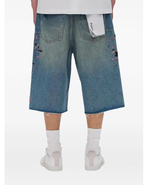 Purple Brand Blue Beaded Splatter Raw-Cut Shorts for men