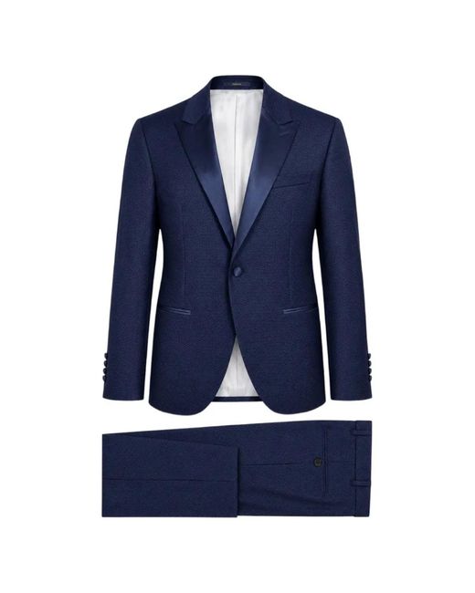 Paoloni Blue Jacquard-Woven Peak-Lapel Suit for men