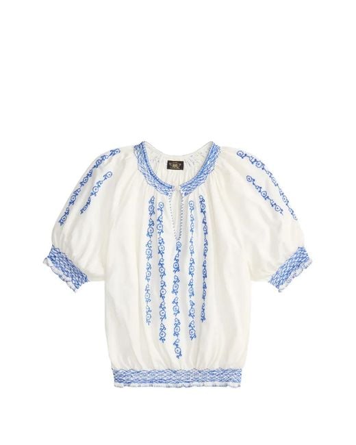 RRL Blue Floral-Embroidered Smocked Blouse