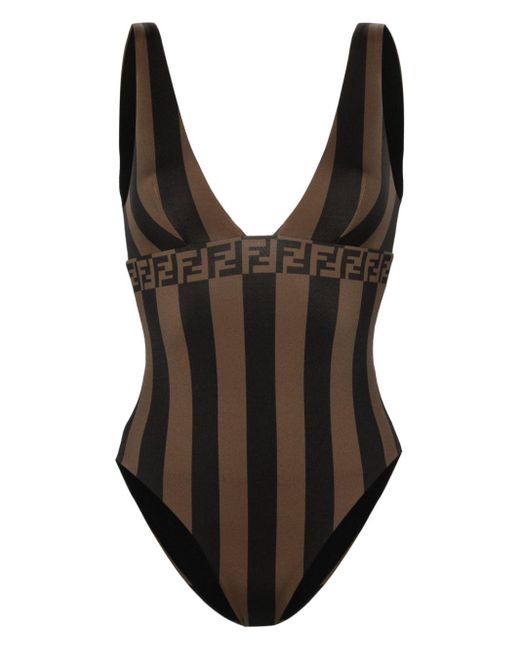 Fendi Black Gestreifter Badeanzug Mit Ff