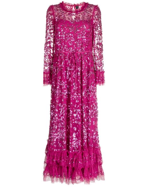 Needle & Thread Purple Sequinned Ruffled Maxi Dress