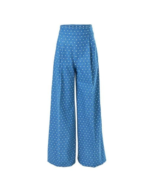 Carolina Herrera Blue Polka-Dot Denim Wide-Leg Marisol Pants