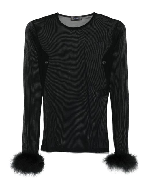 Mugler Black Feather-Cuff Mesh Top