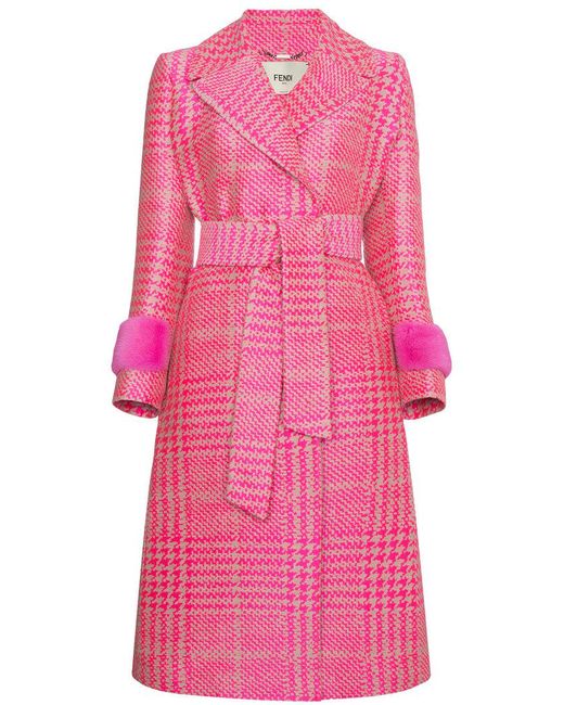 Fendi Pink Houndstooth Double Breasted Coat With Mink Cuff