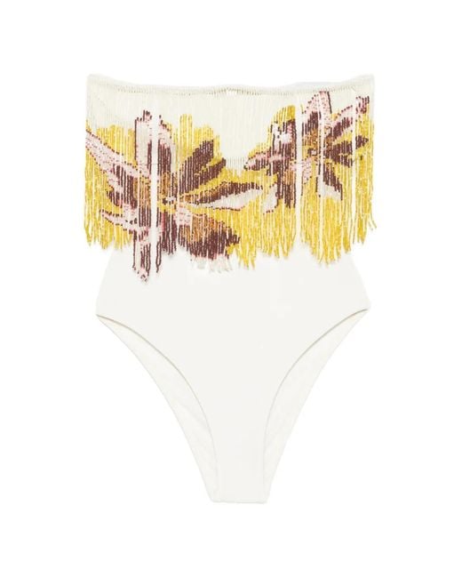 Agua de Coco White Bead-Embellished Fringed Swimsuit
