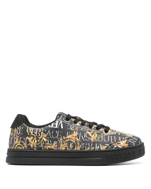 Versace Black Barocco-print Leather Sneakers for men