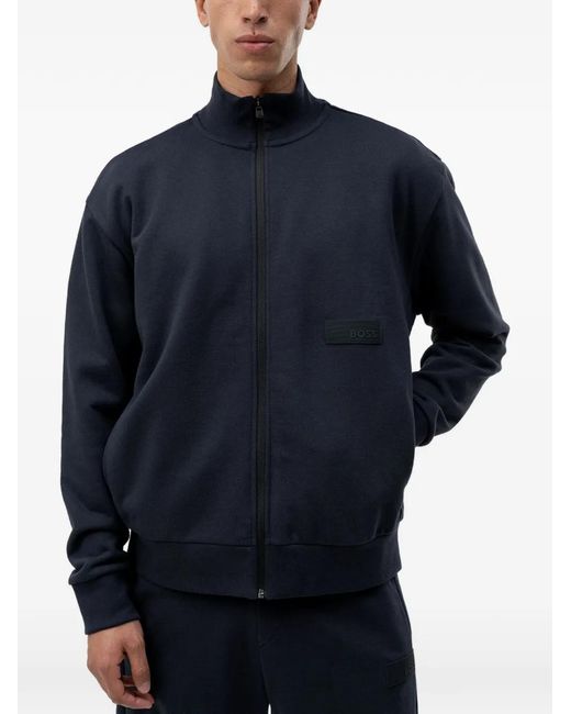 Boss Blue Logo-Patch Zip-Up Sweatshirt for men