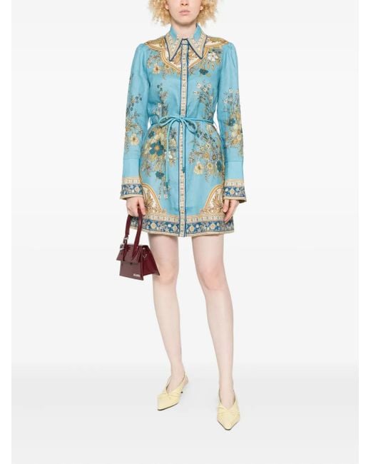 ALÉMAIS Blue Floral-Print Belted Dress