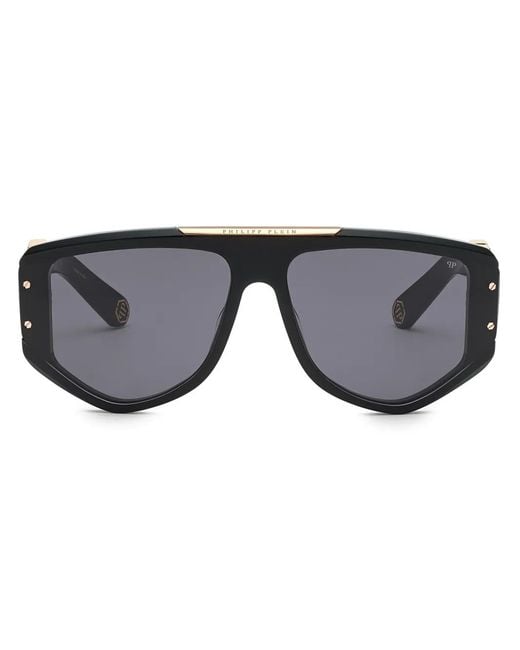 Philipp Plein Gray Rectangular Logo-Plaque Sunglasses