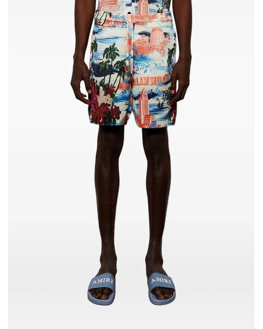 Amiri Blue Cityscape Printed Drawstring Shorts for men