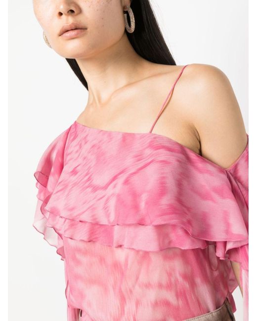 Blumarine Pink Ruffled Asymmetric Silk Blouse