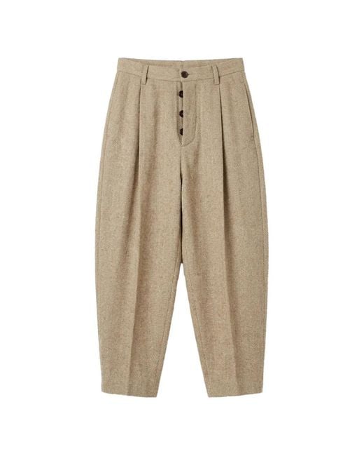 Uma Wang Natural Herringbone-Pattern Pleated Trousers