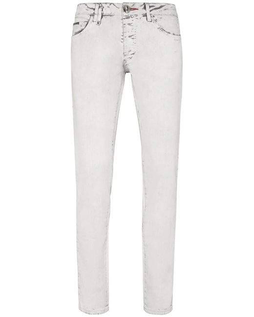 Philipp Plein White Skull-Stamp Washed Skinny Jeans for men