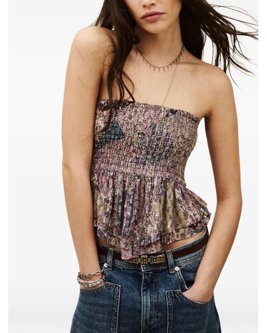 Ba&sh Brown Pretty Shirred Floral-Print Top