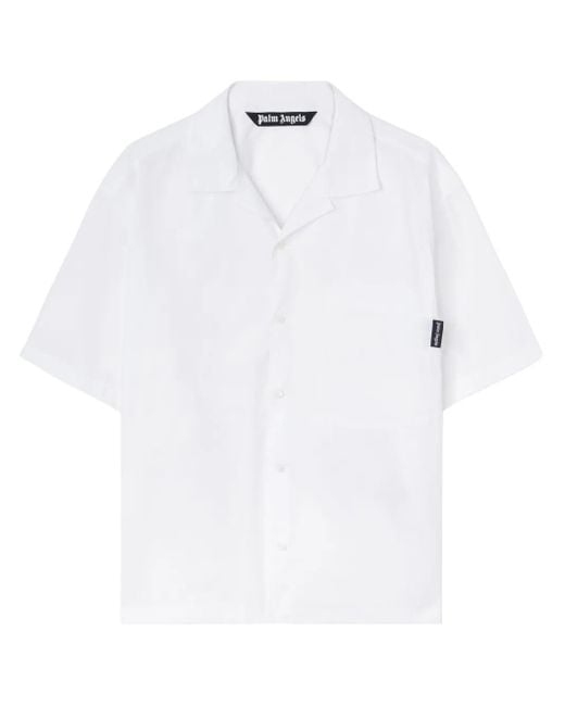 Palm Angels White Short-Sleeved Cotton Shirt With Cuban Collar And Logo Detail for men