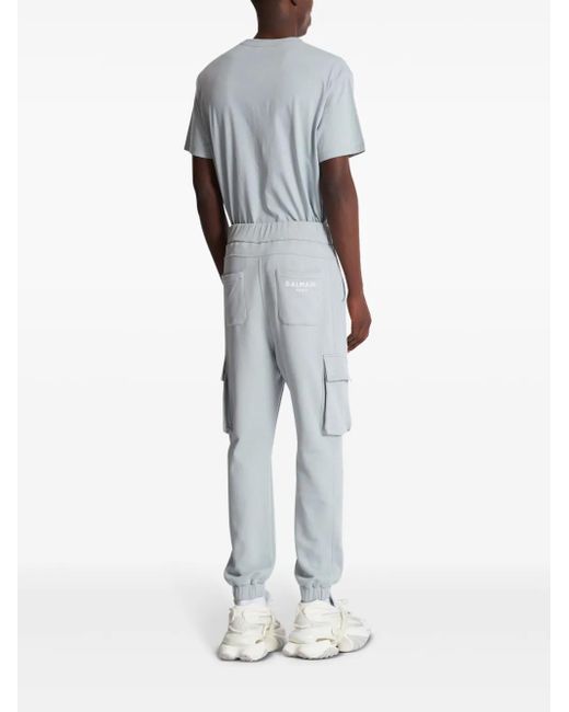 Balmain Gray Logo-Print Cotton Cargo Track Pants for men