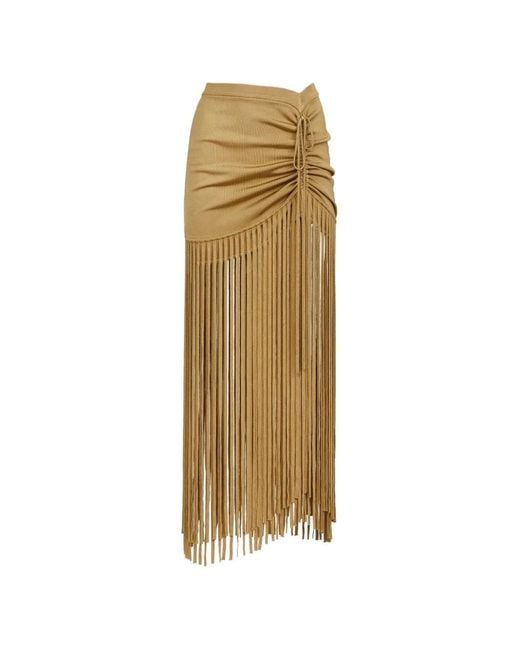 Toccin Metallic Amalia Ruched Fringed Maxi Skirt