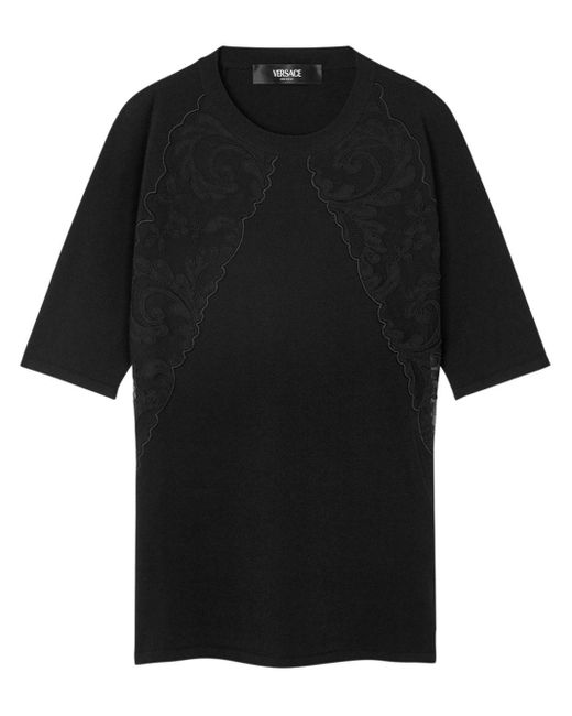 Versace Black Lace-panelled Crew Neck T-shirt