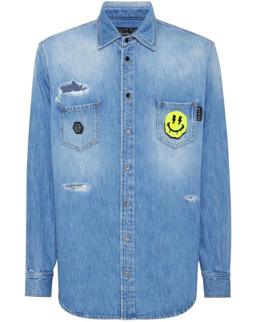 Chemise en jean à plaque logo Philipp Plein pour homme en coloris Blue