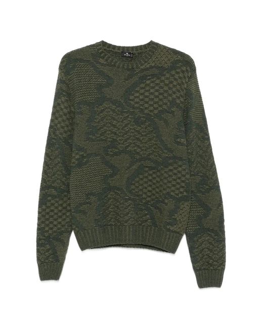 Etro Green Intarsia-Knit Crew-Neck Sweater for men