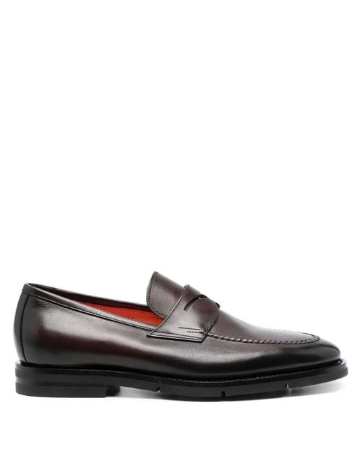Santoni Black Almond-Toe Leather Penny Loafers for men