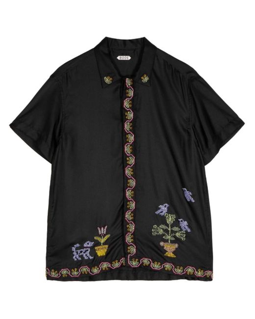 Bode Black Embroidered-motif Silk Shirt
