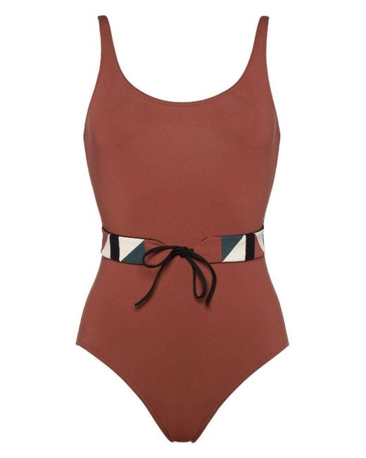 Eres Red Damier Belted Swimsuit