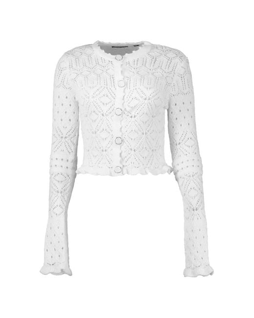 retroféte White Giuliana Ruffled Pointelle-Knit Cardigan