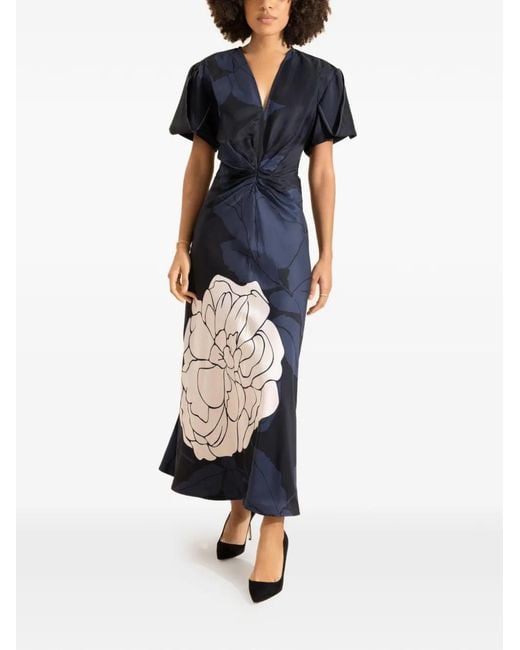 Victoria Beckham Blue Eve Layered Gathered Floral-Print Satin Midi Dress
