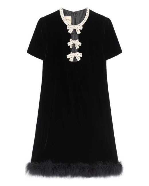 Valentino Garavani Black Mini Embroidered-Bows Feather Dress
