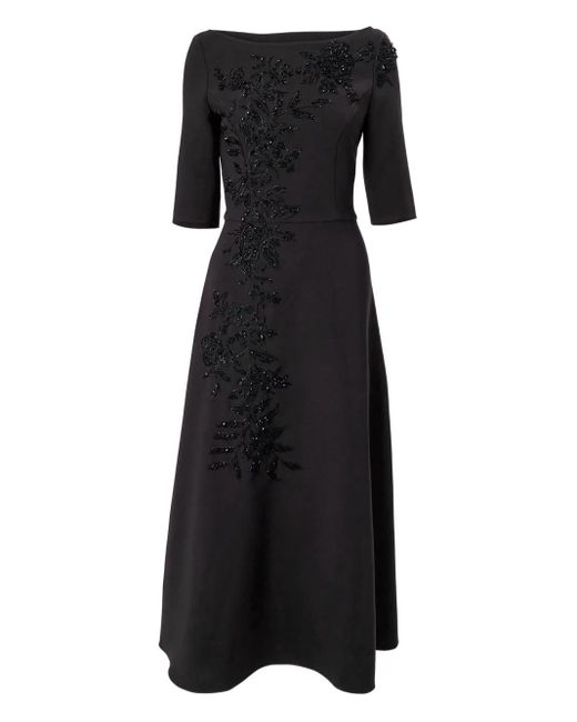 Carolina Herrera Black Embroidered Boat-Neck Midi Dress