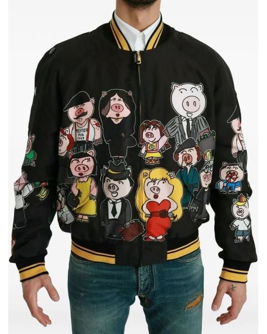 Dolce & Gabbana Black 2019 Pig Family Print Bomber Jacket for men
