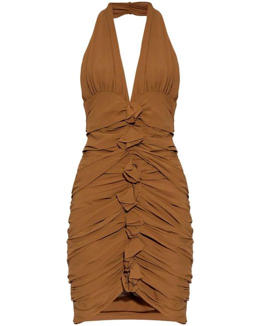 Saint Laurent Women's Brown Ruched Halterneck Mini Dress