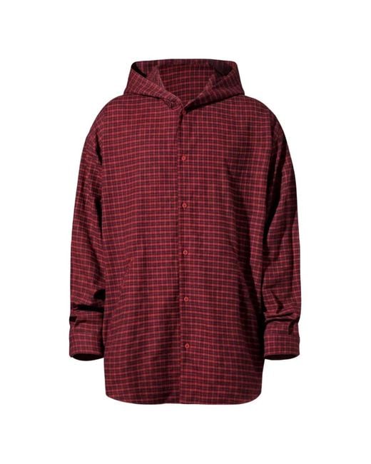 Balenciaga Red Check-Pattern Oversized Hooded Shirt for men