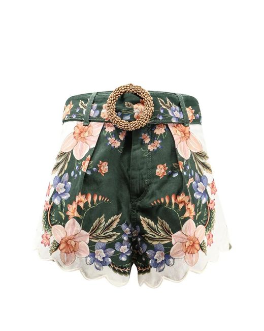 Farm Rio Green Beaded Belt Floral Shorts