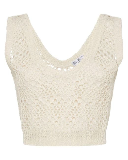 Brunello Cucinelli White Cropped Linen-silk Crochet Top