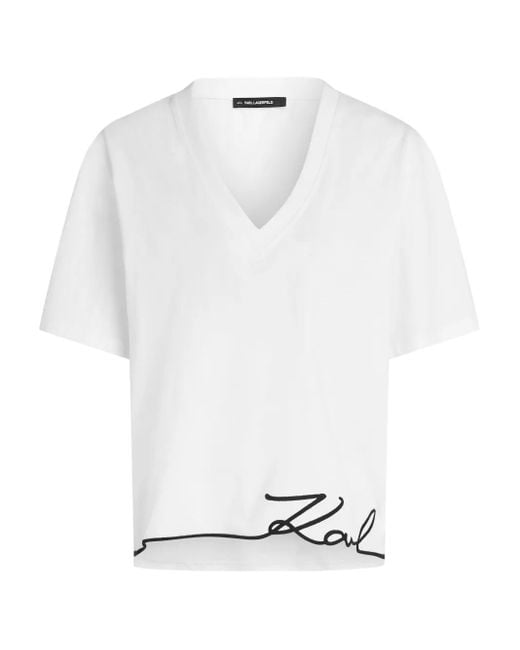 Karl Lagerfeld White Signature Hem V-Neck T-Shirt