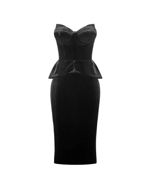 IMROSKA Black Velvet 22 Peplum Strapless Midi Dress