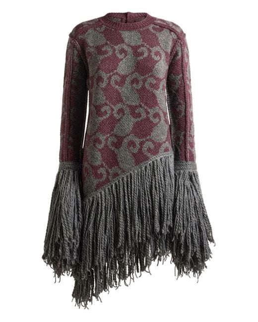 Etro Brown Wool And Alpaca Jacquard Mini Dress With Fringing
