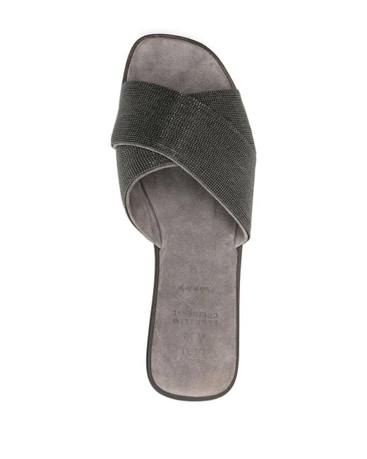 Brunello Cucinelli Gray Monili-Detail Crossover-Straps Slides